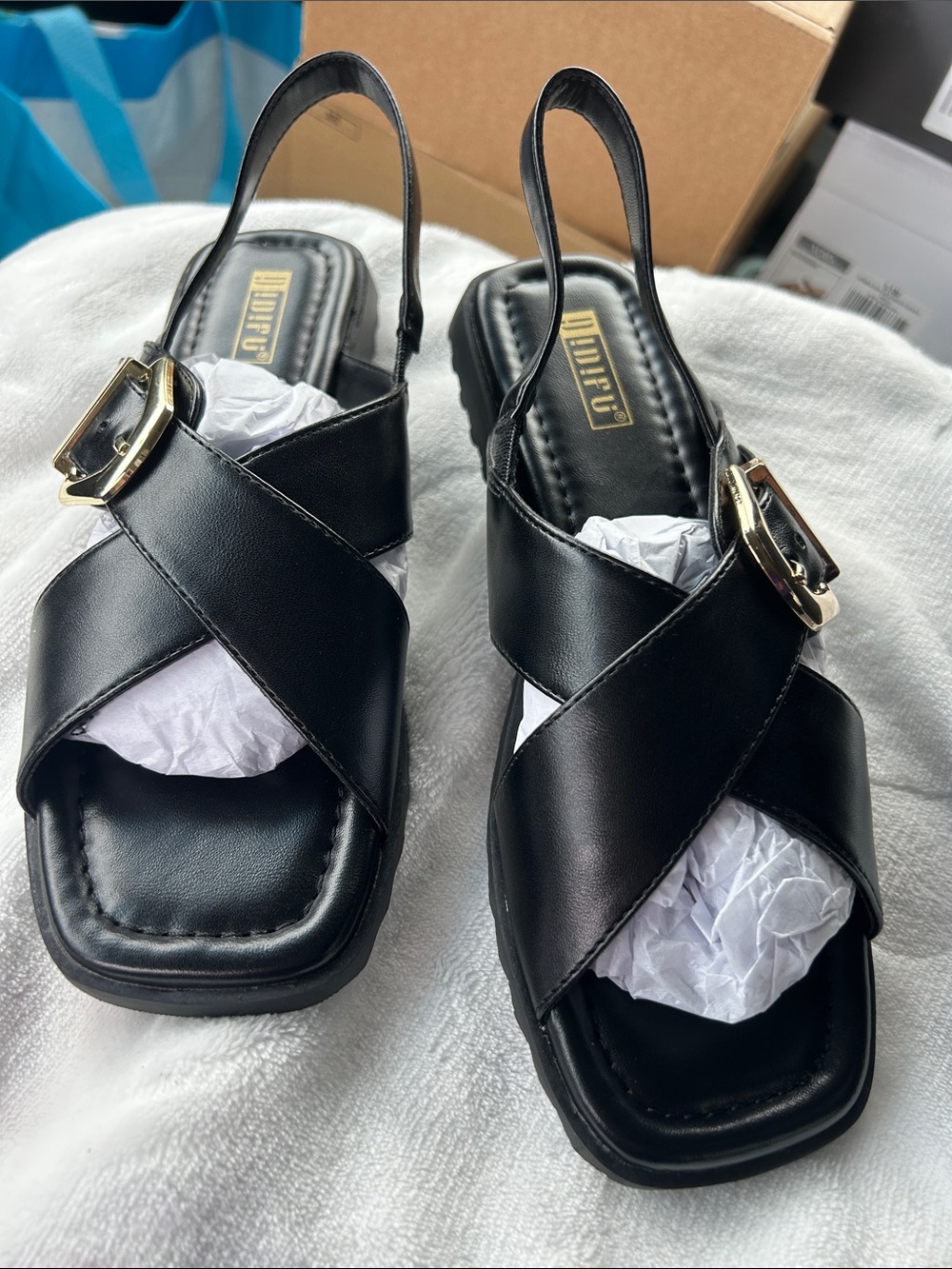IDIFU Black Crisscross Slingback Sandals with Gold Buckle